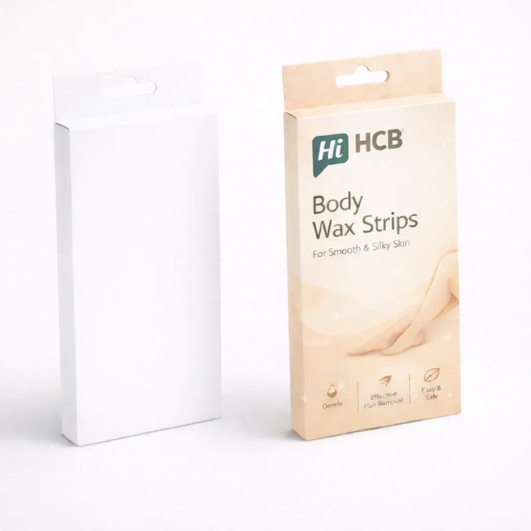 Slim vertical retail boxes with integrated hanging tabs- shown in both plain white and branded versions-